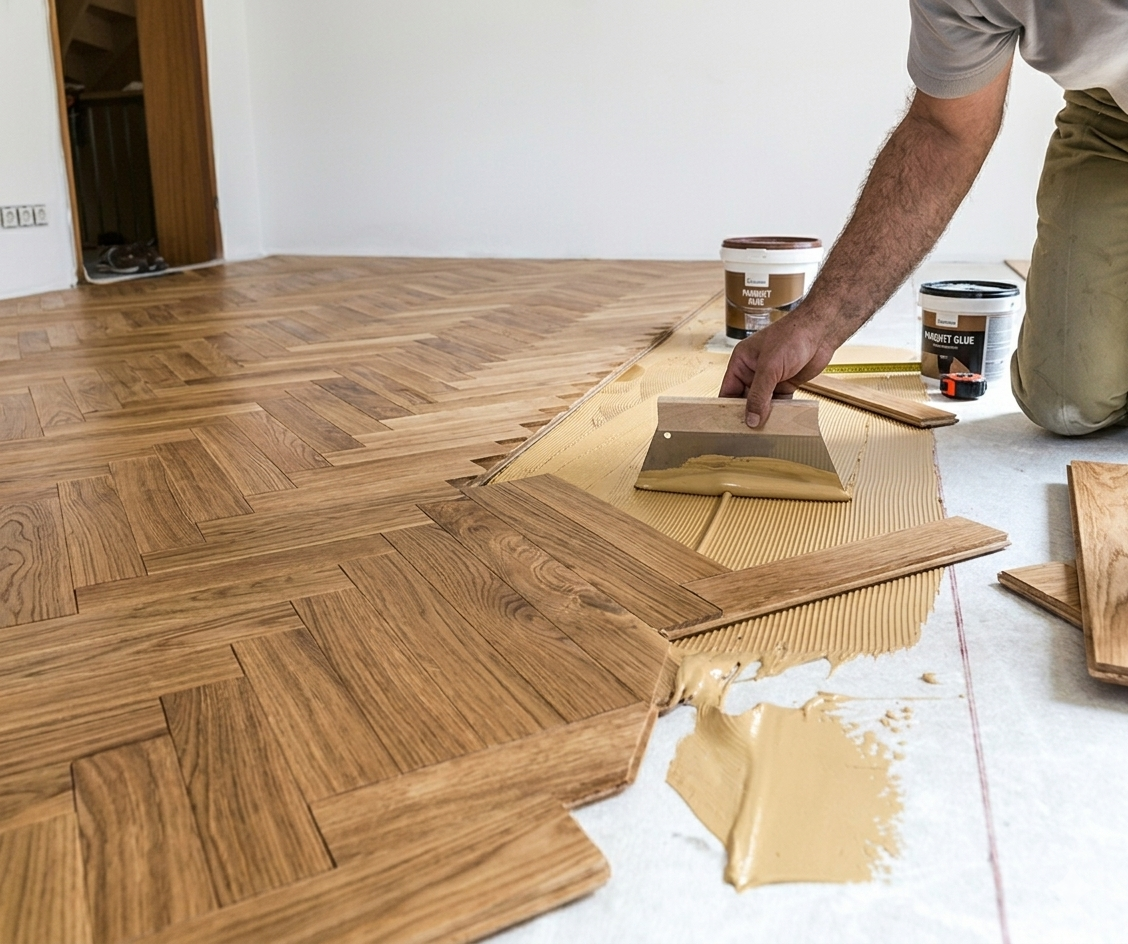 Installation de parquet massif dans un salon moderne